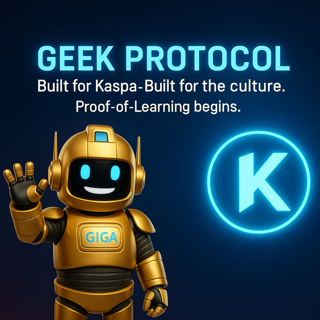 GIGA, the golden Geek Protocol mascot, beside the Kaspa emblem